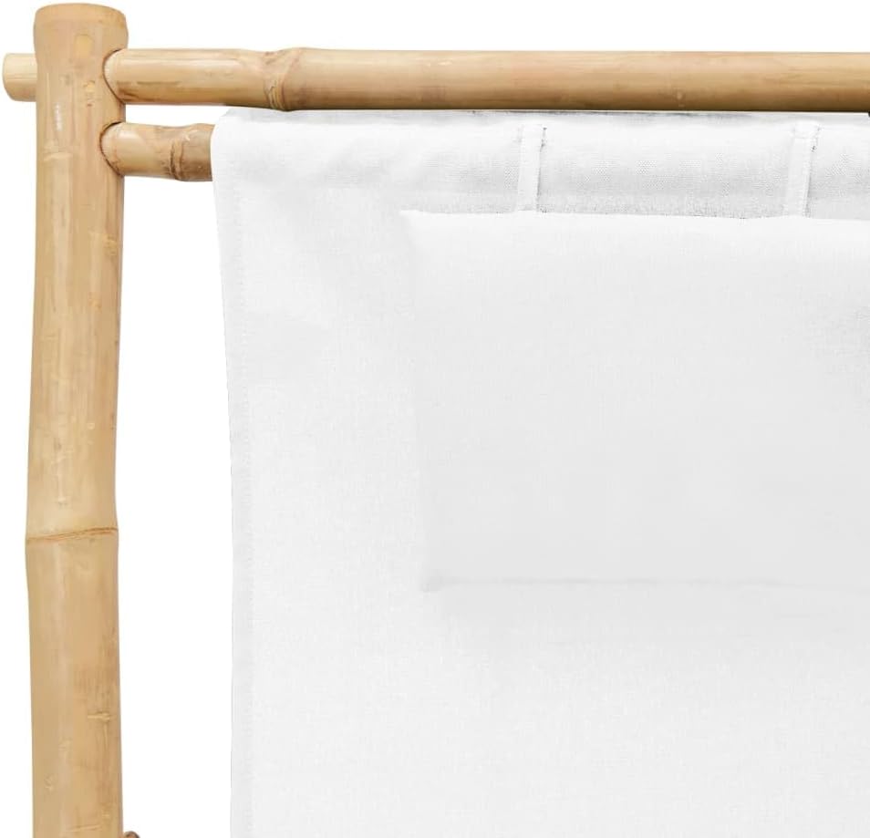 Bamboo and Canvas Deck Chair, Folding Lounge Chair for Outdoor Patio Garden and Balcony, Adjustable Reclining Sling Chair with Cream White Fabric, Durable Frame for Sun Lounging