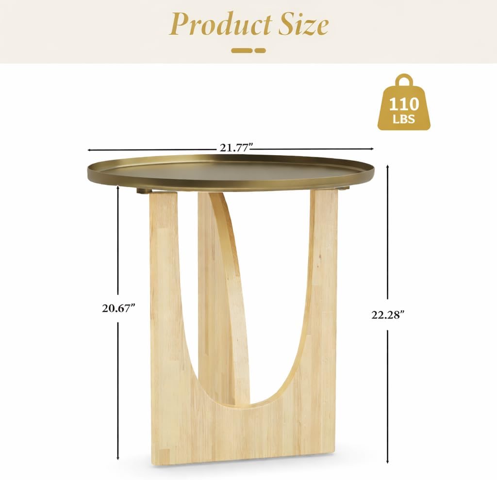 AUZ Round End Table with Brushed Gold Top, Small Wood Side Table for Living Room, Mid Century Accent Table, Natural Wood Base, Space-Saving Nightstand