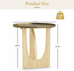 AUZ Round End Table with Brushed Gold Top, Small Wood Side Table for Living Room, Mid Century Accent Table, Natural Wood Base, Space-Saving Nightstand
