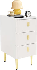3-Layers Narrow Bedside Table, Space-Saving Living Room End Table with 3 Drawers, Leather Small Solid Wood Side Table with Support Legs for Small Spaces Bedroom (Off-White)