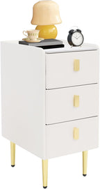 3-Layers Narrow Bedside Table, Space-Saving Living Room End Table with 3 Drawers, Leather Small Solid Wood Side Table with Support Legs for Small Spaces Bedroom (Off-White)