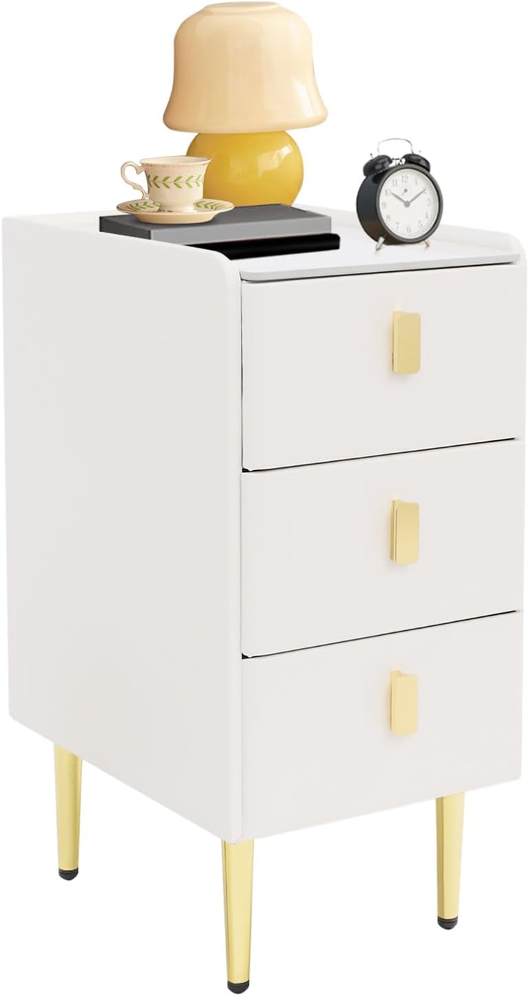 3-Layers Narrow Bedside Table, Space-Saving Living Room End Table with 3 Drawers, Leather Small Solid Wood Side Table with Support Legs for Small Spaces Bedroom (Off-White)