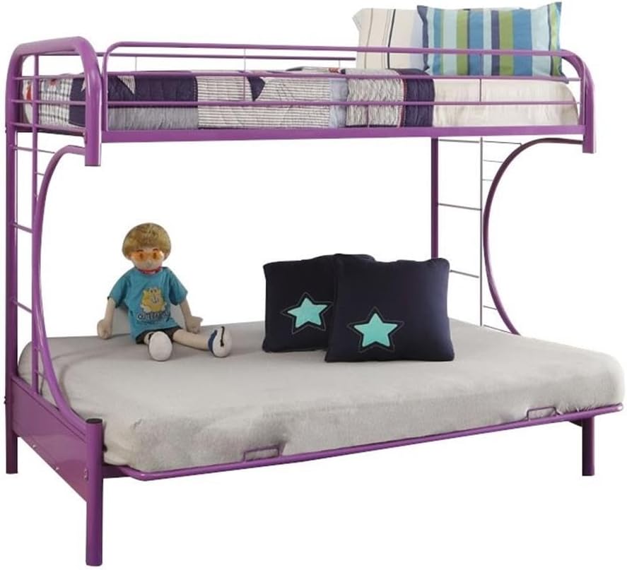 BOWERY HILL Modern Twin Over Full Futon Bunk Bed, Purple Finish, Metal Tube with Slat System, Built-in Ladders, Full-Length Guardrails, Convertible Sit to Sleep Futon, Kids Room Furniture Piece