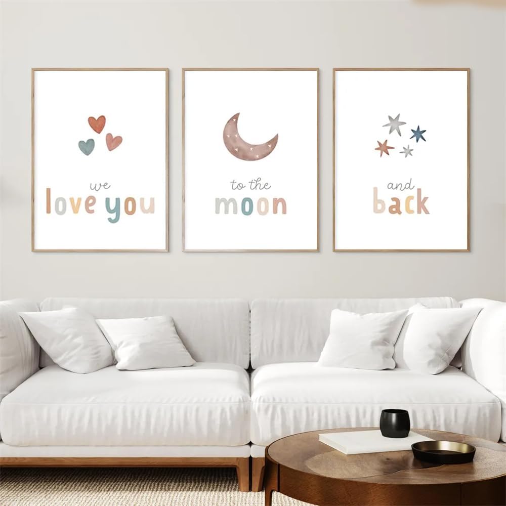 3 Pieces We Love You To The Moon And Back Poster Prints Wall Art Canvas Painting Framed Artwork for Living Room Above Crib Nursery Decoration with Inner Frame