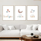 3 Pieces We Love You To The Moon And Back Poster Prints Wall Art Canvas Painting Framed Artwork for Living Room Above Crib Nursery Decoration with Inner Frame