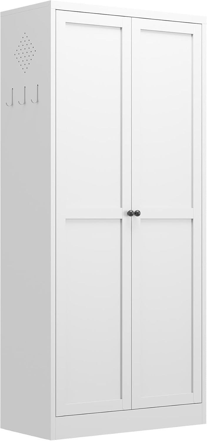 Metal Kitchen Pantry Cabinet - 61" Tall Sideboard Storage Bookcase with 2 Doors & 4 Adjustable Shelves, White Cupboard Storage Hutch Cabinet for Kitchen/Pantry/Bathroom