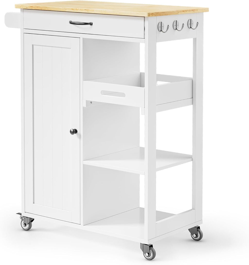 Gizoon Kitchen Island Cart with Storage Cabinet & Removable Tray | 27.6''W Mobile Kitchen Cart with Drawer, Towel Rack, 3 Hooks, 3 Open Shelves, Utility Trolley Cart for Dining Room, White