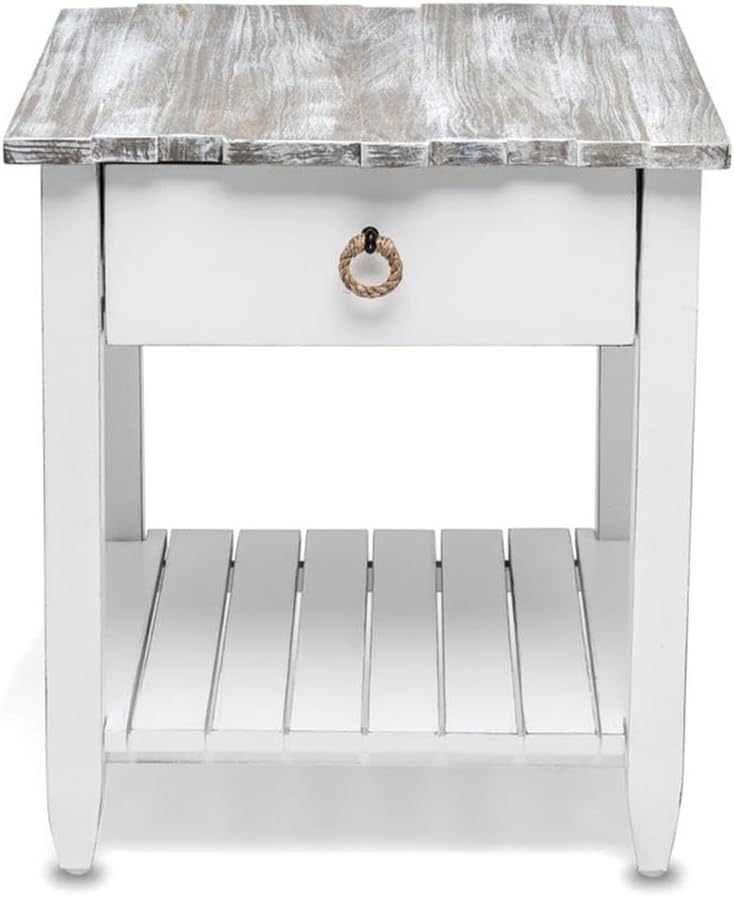 Pemberly Row Contemporary Wood End Table with Drawer, White/Gray Finish, 24" H x 22" W x 24" D, Solid Mindi and White Cedar Wood, Coastal Style, Textured Design, Ball Bearing Glides, Living Room Side