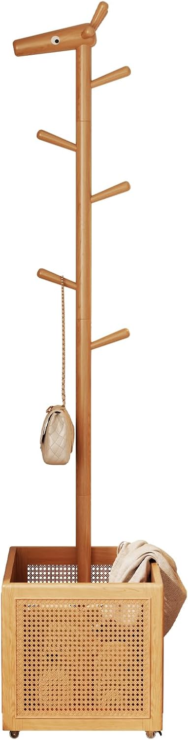AQIMUELE Narrow Coat Rack，Coat Tree with Storage，Wooden Coat hanger with 6 Hook for Entrance, Bedroom, Living Room，Kids Coat Rack(Natural)