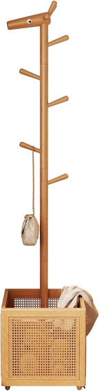 AQIMUELE Narrow Coat Rack，Coat Tree with Storage，Wooden Coat hanger with 6 Hook for Entrance, Bedroom, Living Room，Kids Coat Rack(Natural)
