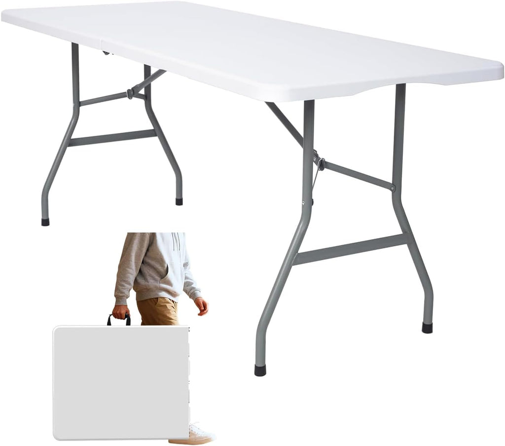 Folding Table 6ft Foldable Table with Built in Handle & Steel Legs / 6FT Heavy Duty Folding Portable,Perfect for Party, Dining Indoor/Outdoor Events, Tailgating & Backyard BBQ, White