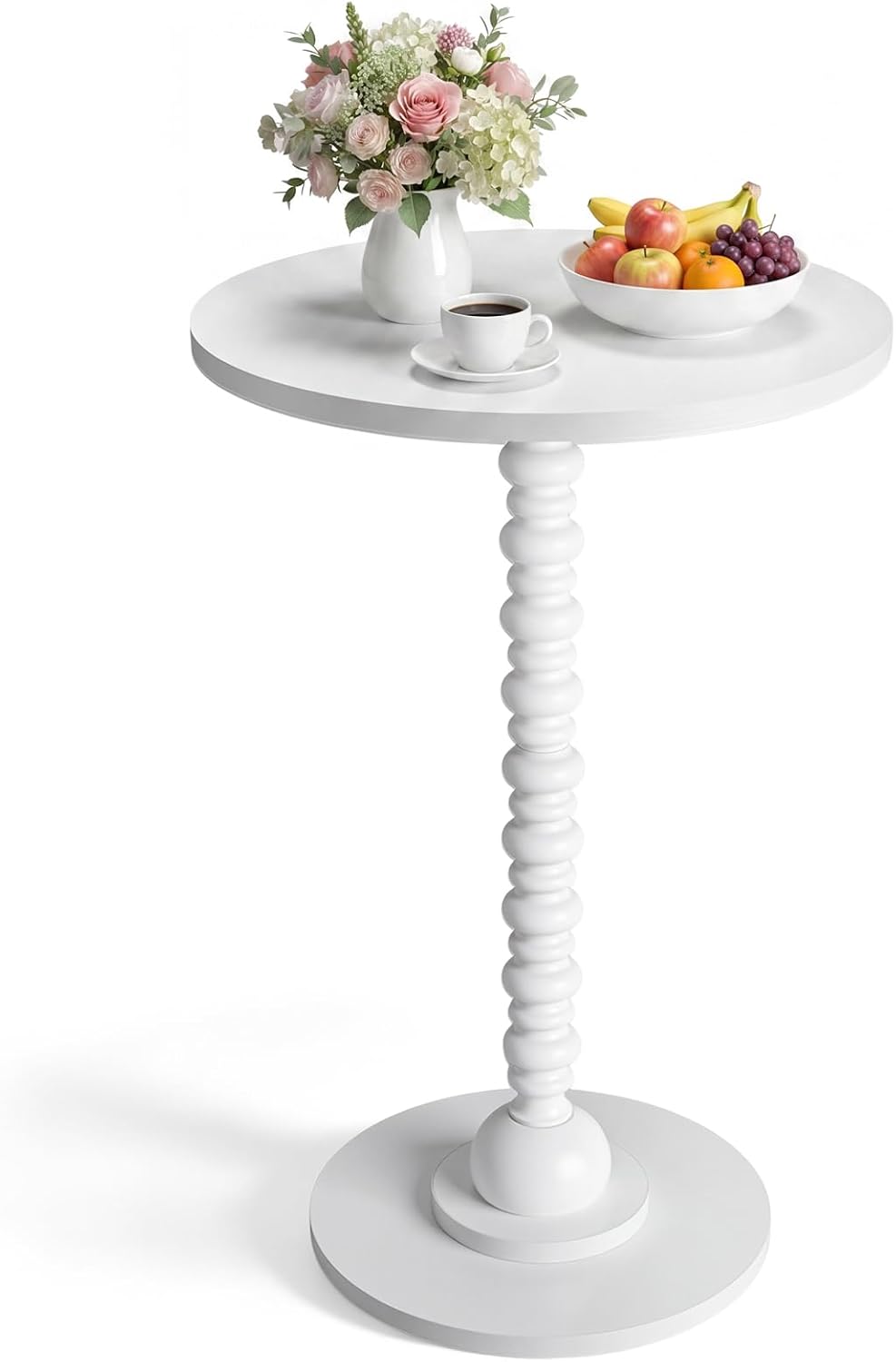 Novabright Round Side Table Small Drink Table for Small Spaces Modern Accent End Nightstand with Spindle Design Leg for Living Room Turned Solid Wood Side 23.6'' Height(White)
