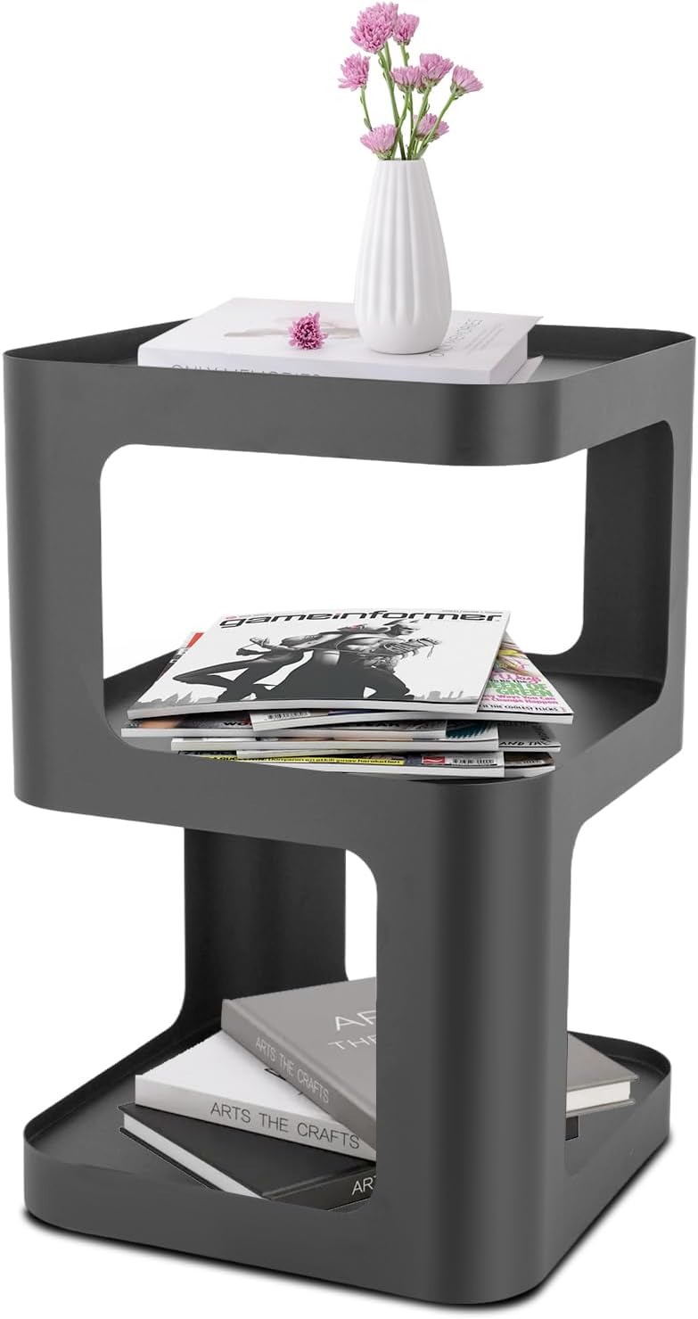 3 Tier Side Table, Black Carbon Steel End Table, Freestanding Modern Bedside Table for Living Room, Bedroom, Office, Sofa Side and Small Spaces