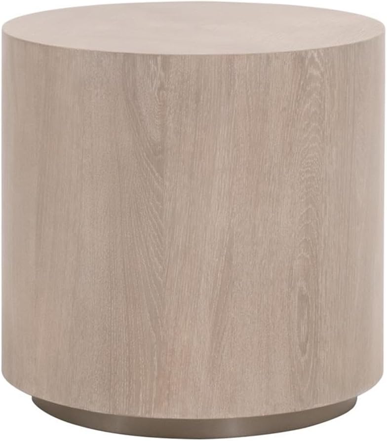 Pemberly Row Round Oak Veneer End Table, 22 in Diameter, Natural Gray Finish, Brushed Silver Metal Base, Diamond Pattern Top, Sleek Contemporary Design, Living Room Furniture