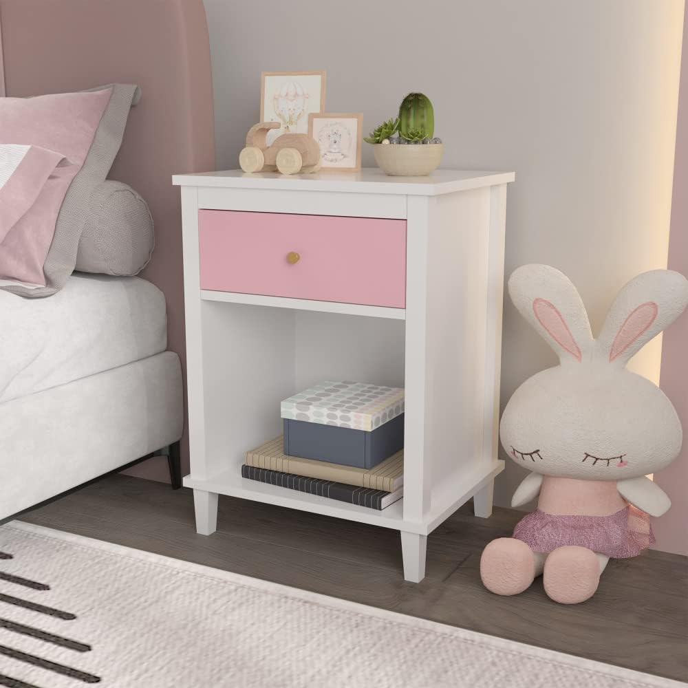 Kids Nightstand, Modern Toddler Nightstand with One Drawer & Open Shelf, Wood End Table for Boys and Girls, Multi-Color Options for Bedroom, Living Room, and Kids' Room Storage (Pink)