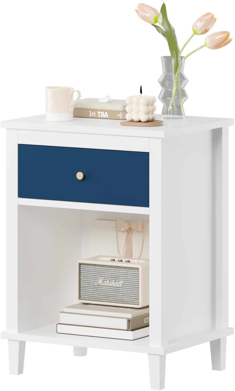 Modern Nightstand, Kids Nightstand with One Drawer, End Table for Boys and Girls, Toddler Night Stand for Living Room, Bedroom (Navy)