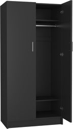 Panana 2 Door Wood Wardrobe Cabinet Closet with Hanging Rail and 2 Shelves, Bedroom Armoire for Storage (Black)
