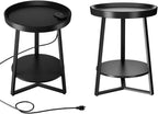 Gadroad Round End Table with Charging Station, Wood Tabletop & Black Metal Frame, 2 Tier Farmhouse Side Table Nightstand for Living Room, Bedroom, Black 15.7 * 15.7 * 23.0inches