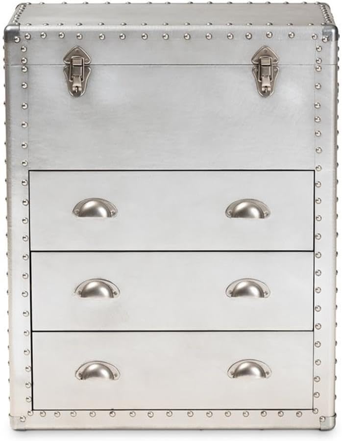BOWERY HILL 3-Drawer Mid-Century Metal Accent Storage Chest, Silver Finish, Wood and Metal Construction, Vintage-Inspired Rivet Details, Lift-Top Compartment, Bedroom, Living Room, or Entryway Use
