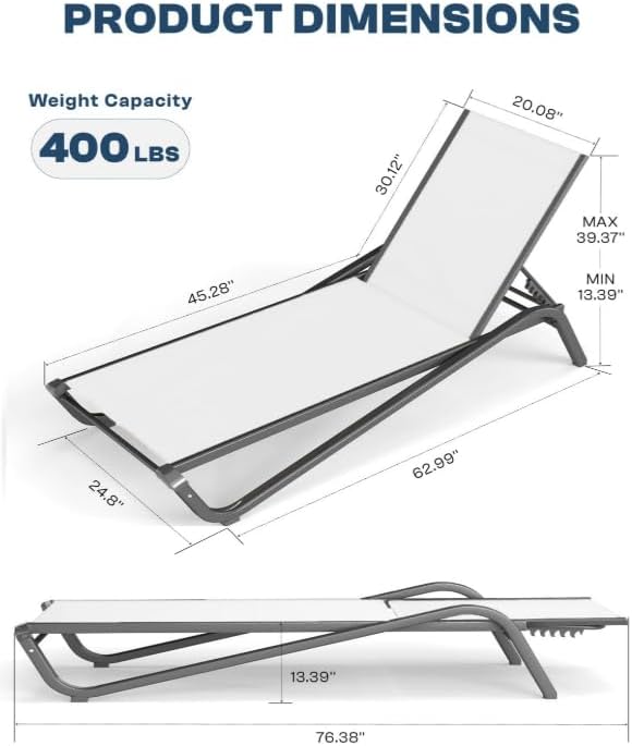Aluminum Pool Lounge Chairs Set of 4 with 5 Adjustable Backrest, Textilene Fabric, Outdoor Lounge Chairs for Poolside, Beach, Deck, Backyard (White)