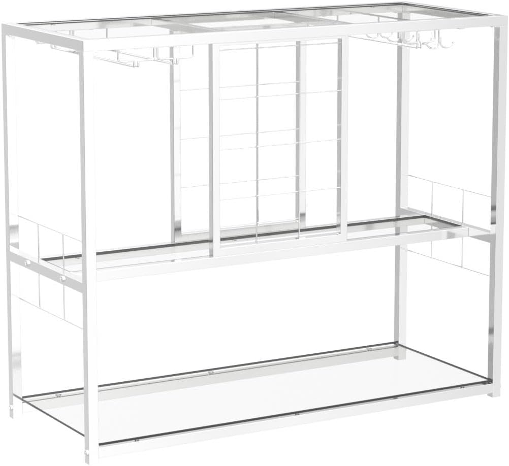 ASYA Wine Rack Table with Glass Holder, 3-Tier with Temered Glass Shelves, Modern Liquor Cabinet with Storage for Wine Bar, Living Room, Kitchen and Dining Room (Silver Finish)