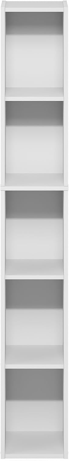 Furinno Fulda Book Shelf, 5-Tier Tall Narrow Bookshelf, Standing Bookcase with 8-in Width Storage Shelf, 9.3 x 7.9 x 51.9, for Organization Storage, for Living Room, Bedroom, Home Office, White
