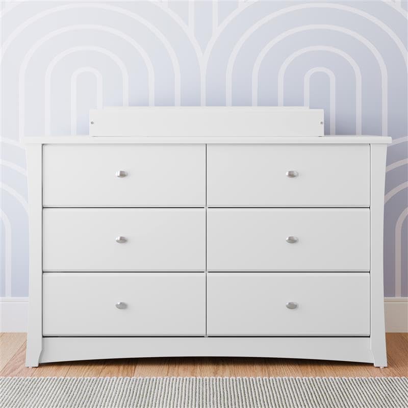 Storkcraft Crescent 6-Drawer Dresser, White | GREENGUARD Gold Certified, White Dresser for Bedroom, Kids & Nursery Storage Chest, Safety Interlocking Drawers, Kids Bedroom