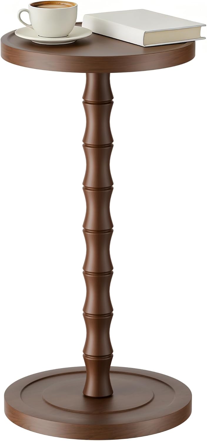 Small Round Side Table, Rubber Wood‌ End Table for Small Spaces, Modern Accent Tables, Solid Wood Drink Tables for Living Room, Bathroom, Bedroom, Couch (Dark Walnut, 11.8 inch)
