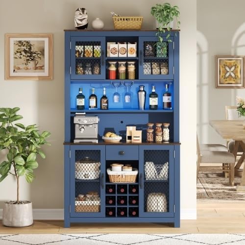 Blue Tall Liquor Cabinet with Wine Storage, Kitchen Pantry with Coffee Bar & Mesh Doors