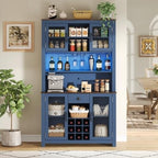 Navy Blue Kitchen Storage Cabinet, Tall Pantry with Wine Rack, Coffee Bar & Adjustable Shelves