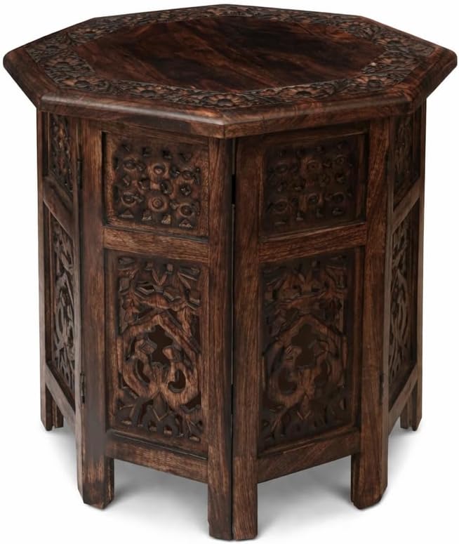 End Tables for Living Room– Hand Carved Vintage Boho Folding Side Tables for Small Spaces, Entryway, Living Room, Bedroom – No Tools Assembly, 18"x18" Octagon, Scorch Burnt Finish