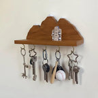 Wooden Mountain Key Holder with Shelf, Rustic Wall Mounted Key Rack, Decorative Entryway Organizer with 5 Hooks, Natural Wood Home Decor for Entryway Bedroom Kitchen