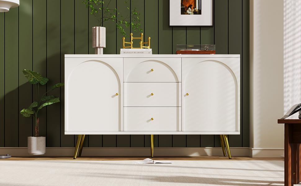 CYJZH Modern Metal Foot Two Door Dining Cabinet, Combining Wood and Metal, Simple Style, Dining/Living Room/Kitchen Storage cabinets, Providing Large Storage Space (2Cream White + MDF)