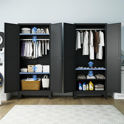 71" Armoire Wardrobe Closet, Metal Wardrobe Closet with Hanging Rod | Wardrobe Closet with Doors, Wardrobe Cabinet with Adjustable Shelves, Clothing Storage Cabinet for Bedroom, Office, Black