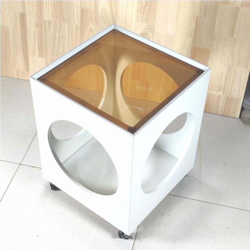 Vintage Rolling Side Table with Glass Top Wood Square Coffee Table 360° Wheels Semi-Open Storage Mobile End Table for Living Room All Occasion(White)