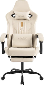 Gaming Chair with Footrest Ergonomic Computer Chair Massage Lumbar Cushion, Racing Video Game Chair Adjustable Rocker Recliner Executive Office Desk Chair Pu Leather for Adults, Beige
