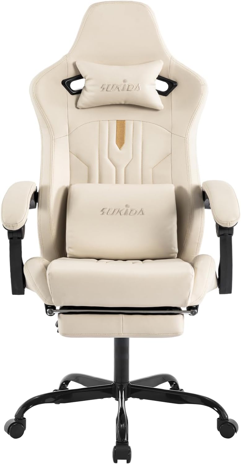 Gaming Chair with Footrest Ergonomic Computer Chair Massage Lumbar Cushion, Racing Video Game Chair Adjustable Rocker Recliner Executive Office Desk Chair Pu Leather for Adults, Beige