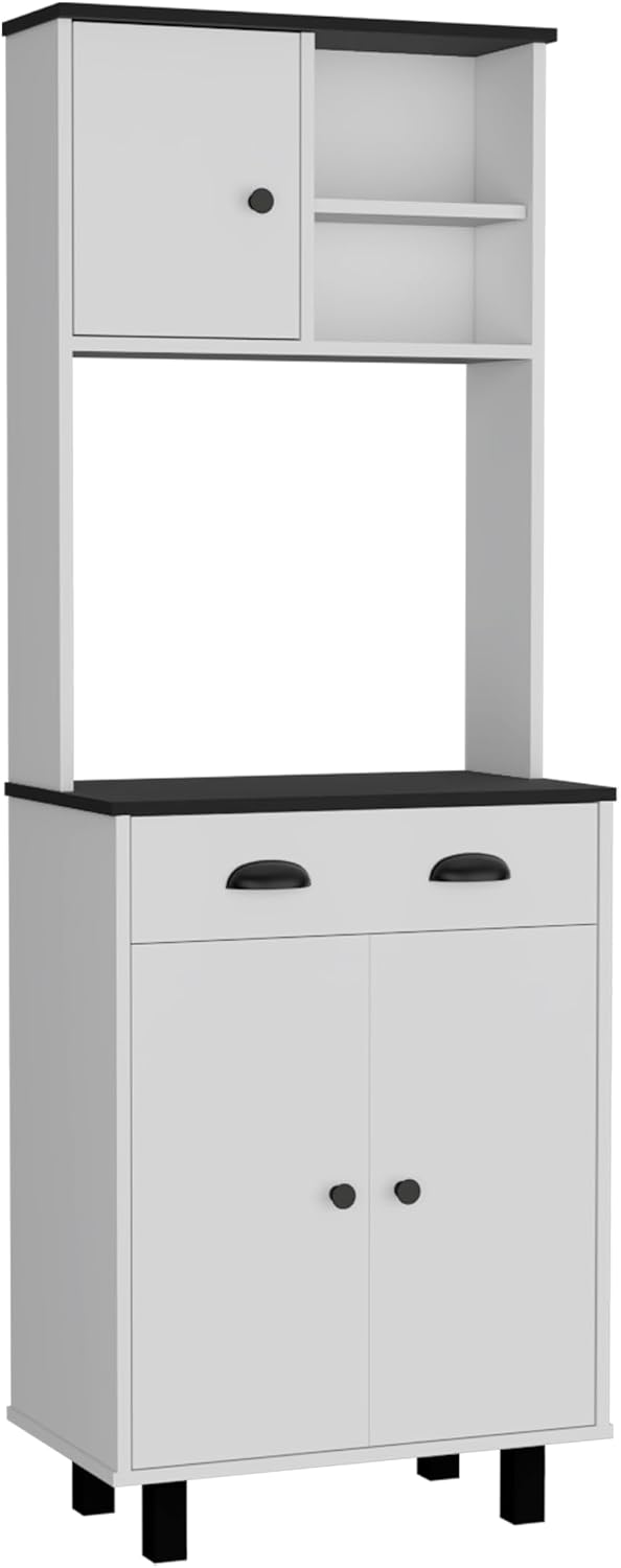23.6"D*13.7"W*90"H Freestanding Storage Cabinet with Drawer & 2 Open Shelves, Top Single Door & Lower Double Door, Black Legs, Rectangular Kitchen Pantry, for Living Room, Dining Room, White
