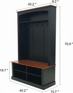holzart 40.2" Wide Farmhouse Hall Tree with Bench, Entryway Coat Rack & Shoe Storage Cabinet with 5 Hooks, 71" Tall Mudroom Furniture with Adjustable Shelves for Hallway, Foyer, Black