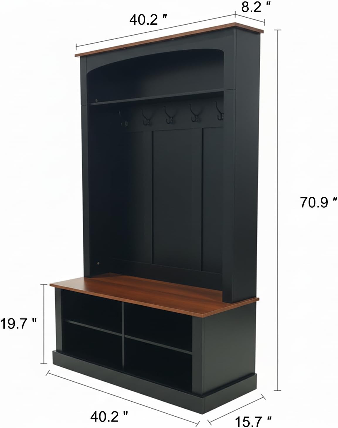 holzart 40.2" Wide Farmhouse Hall Tree with Bench, Entryway Coat Rack & Shoe Storage Cabinet with 5 Hooks, 71" Tall Mudroom Furniture with Adjustable Shelves for Hallway, Foyer, Black