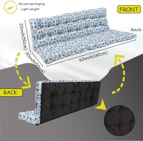 Porch Swing Cushion Three Seat, Waterproof Swing Cushions Replacement with Backrest, Outdoor Garden Furniture Patio 4" Thickened Cushions with Ties (Blue Print, 40 x 63in)