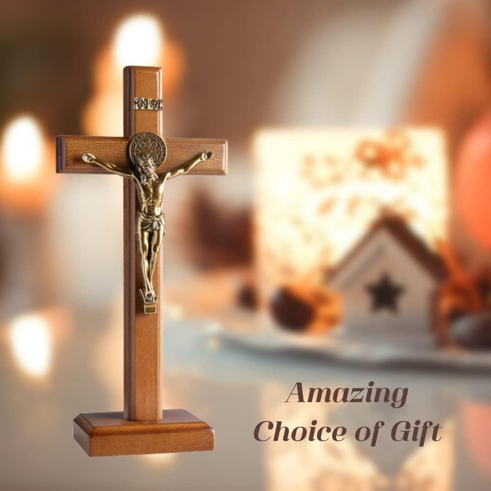 KUXBET Crucifix Cross Catholic 10.7 Inch Wooden Jesus Christ Wall Cross Stand, Hanging or Tabletop with Stand for Home Decor (10.7" L x 5.0" W)