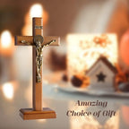 KUXBET Crucifix Cross Catholic 10.7 Inch Wooden Jesus Christ Wall Cross Stand, Hanging or Tabletop with Stand for Home Decor (10.7" L x 5.0" W)