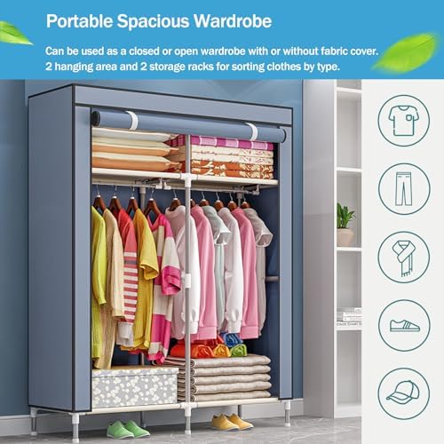 Portable Canvas Wardrobes for Bedroom,Canvas Wardrobe,Foldable Clothes Storage Organiser with Shelves,2 Hanging Rail,Clothing Wardrobe Shelves Cupboard,Grey