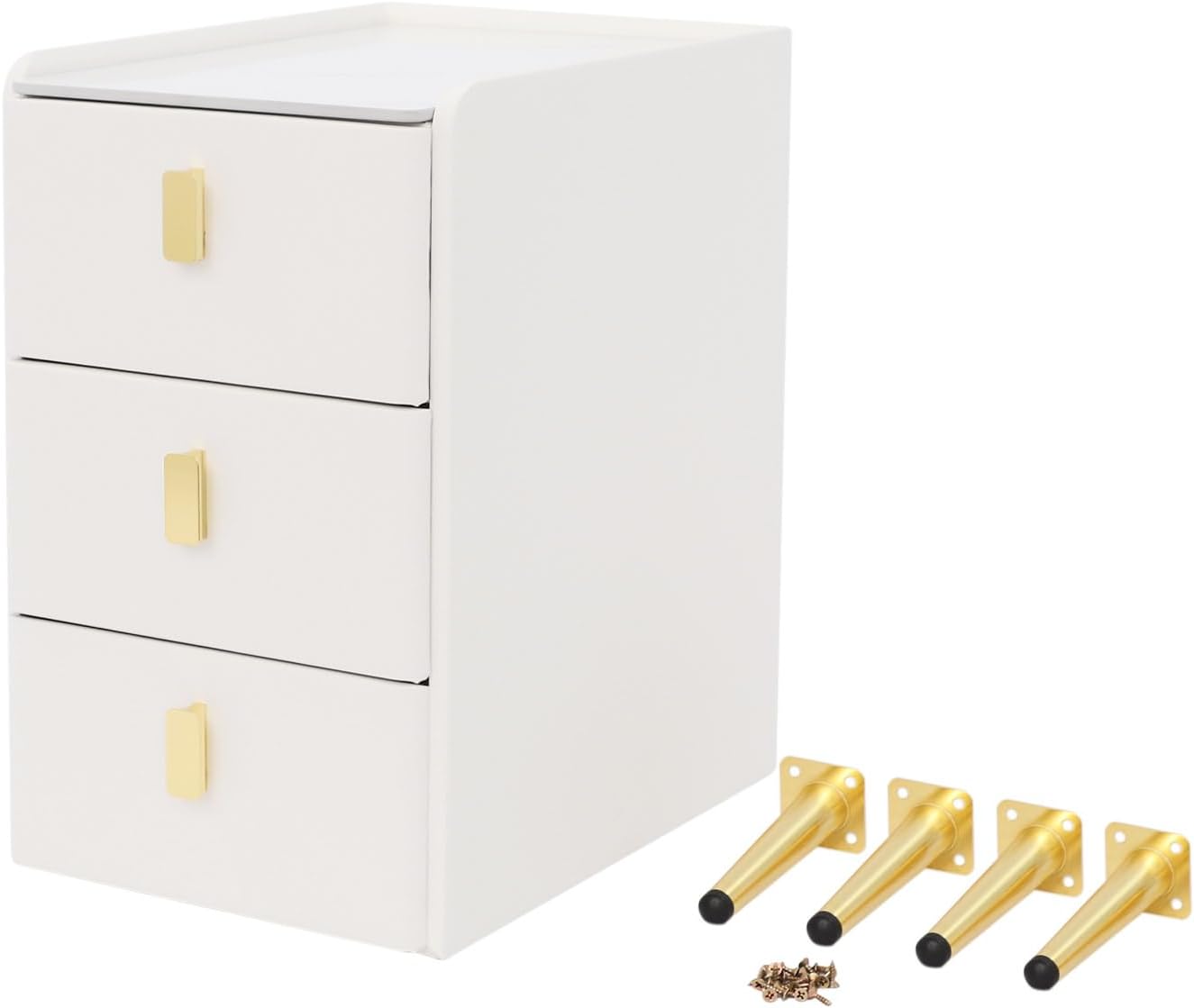 3-Layers Narrow Bedside Table, Space-Saving Living Room End Table with 3 Drawers, Leather Small Solid Wood Side Table with Support Legs for Small Spaces Bedroom (Off-White)