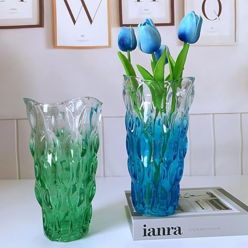 Unbreakable Flower Glass Vase 3.5lb 9.5inch Sparkle vase Bohemian Style, for Centerpieces,Kitchen,Office, Living Room,Wedding,Perfect Home Decor Glass Vase (Gradient Sky Blue)