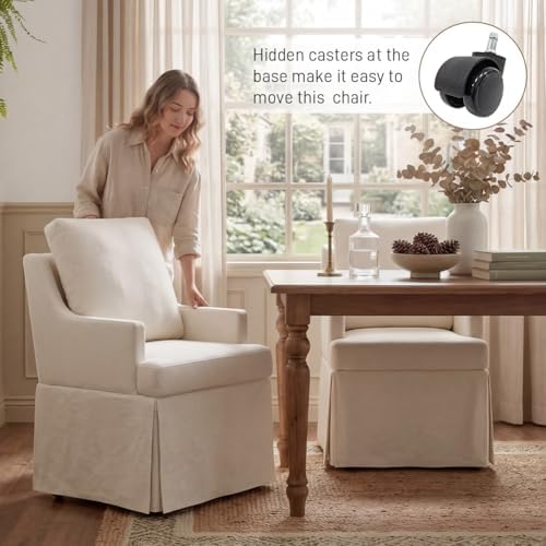 UVV Upholstered Dining Chairs Set of 2, Modern Kitchen Chair Dining Room Chair with 4 Casters, Linen Armchair for Bedroom Reading Room Living Room, Beige