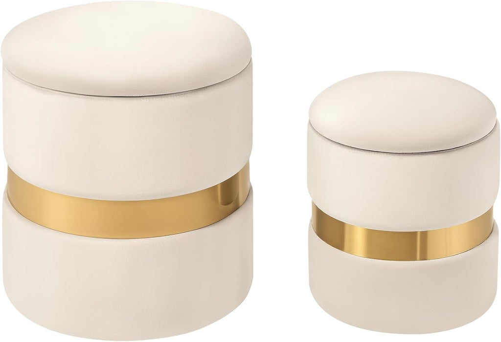 Joveco Round Storage Ottoman Set of 2, Velvet Upholstered Foot Rest Stool Vanity Footsool for Living Room, Bedroom, Light Beige