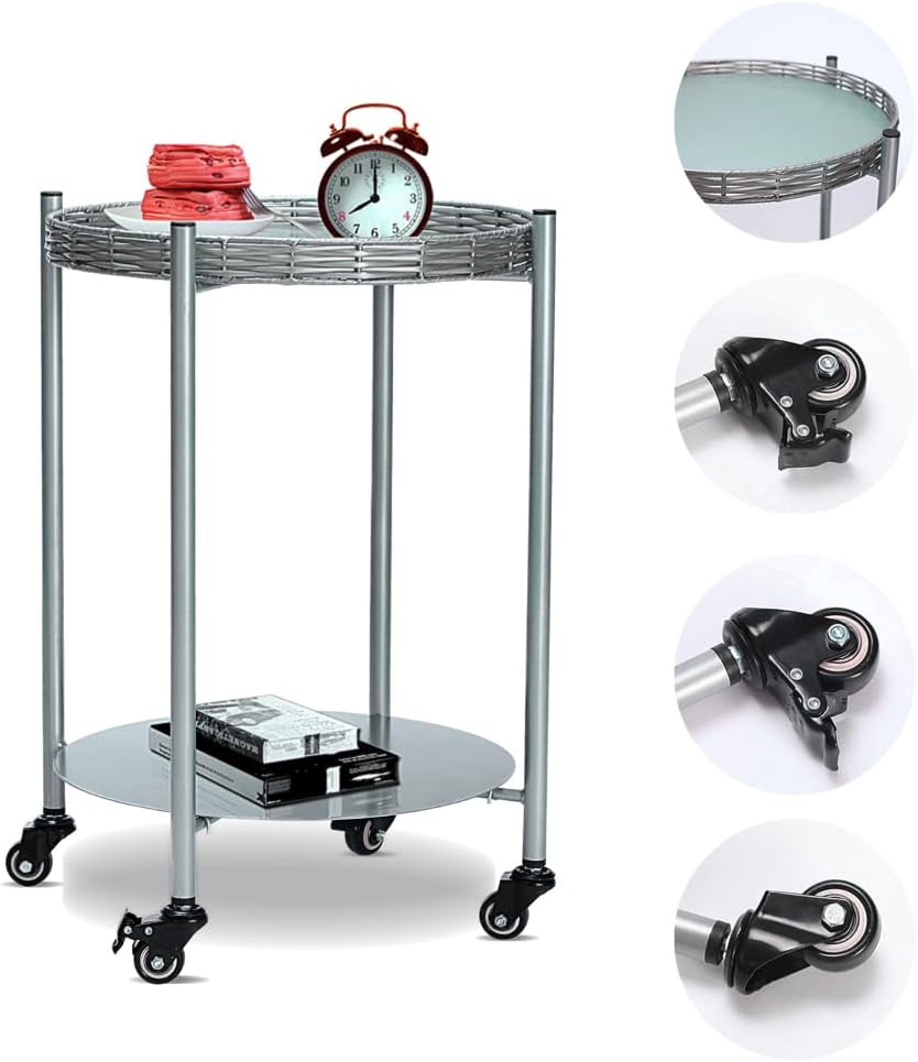 2-Tier Round Rolling Side Table, Silver Gray Metal Frame, 15.75 inch Diameter, Mobile End Table with Wheels for Living Room, Bedroom
