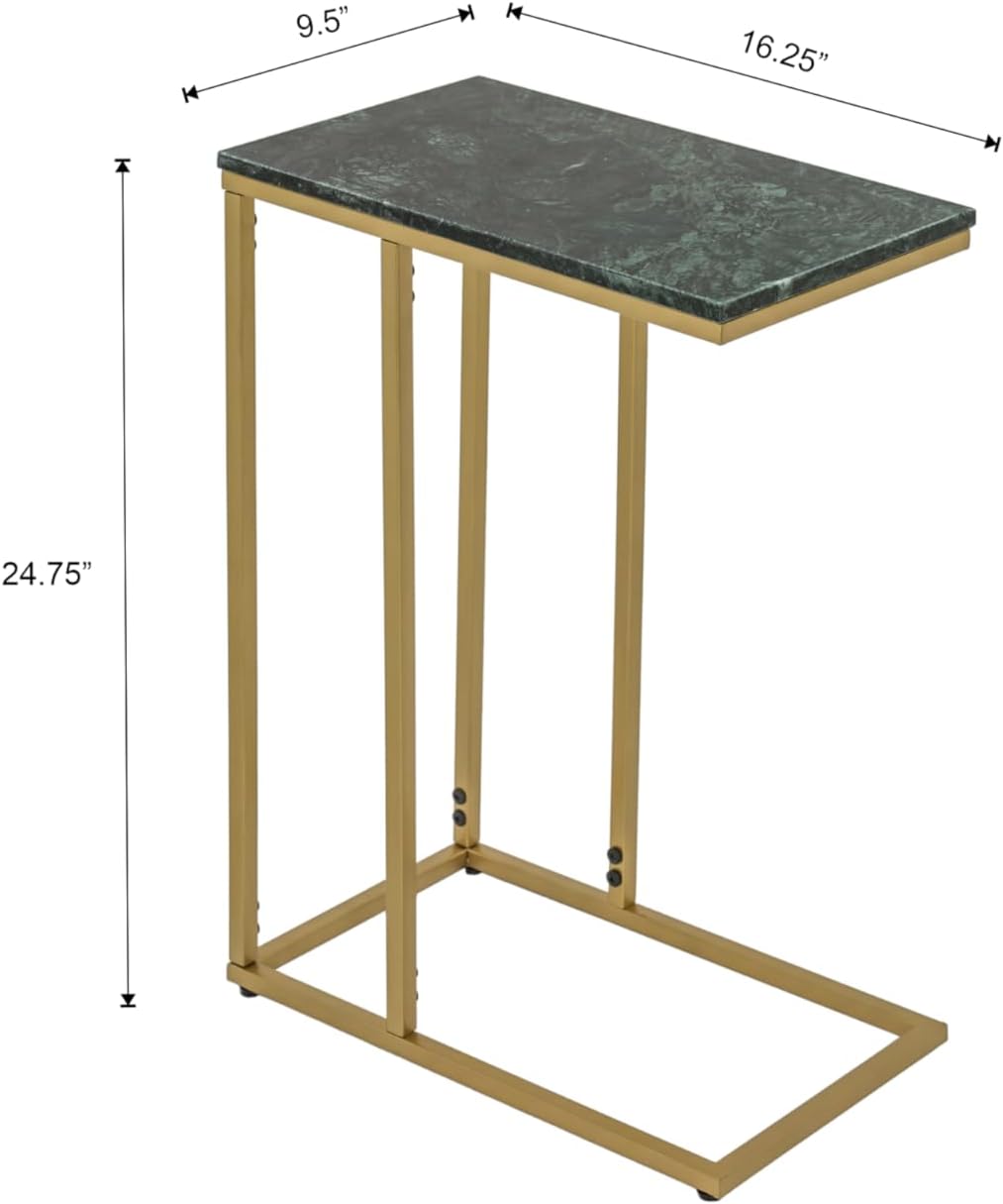 C Shape Table for Sofa with Green Marble Top | Decorative Side Table | End Table for Living Room | Gold Metal Frame | 16.25x9.5x24.75
